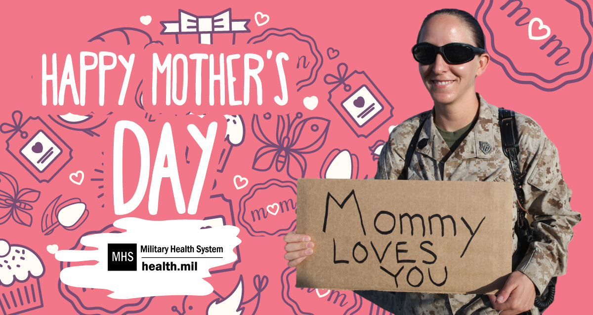 Social media graphic celebrating Mother’s Day, showing a service member and her young daughter on a pink background.