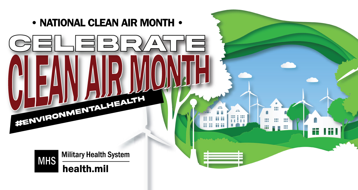 Social media graphic for Clean Air Month showing a windmill and buildings under a clear sky.