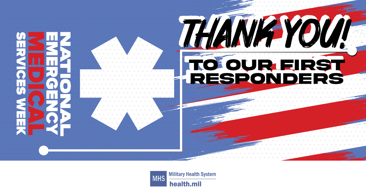 Social media graphic for National Emergency Medical Services Week showing a medical symbol and the American flag.
