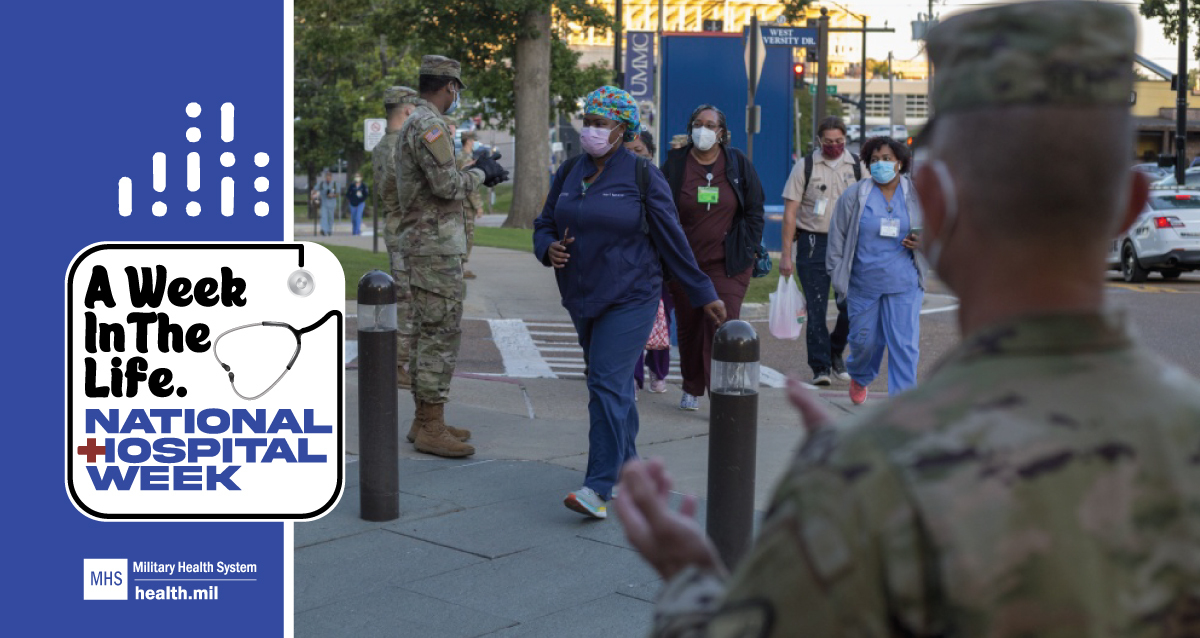 Social media graphic for National Hospital Week showing military medical treatment facility personnel arriving to work during the pandemic