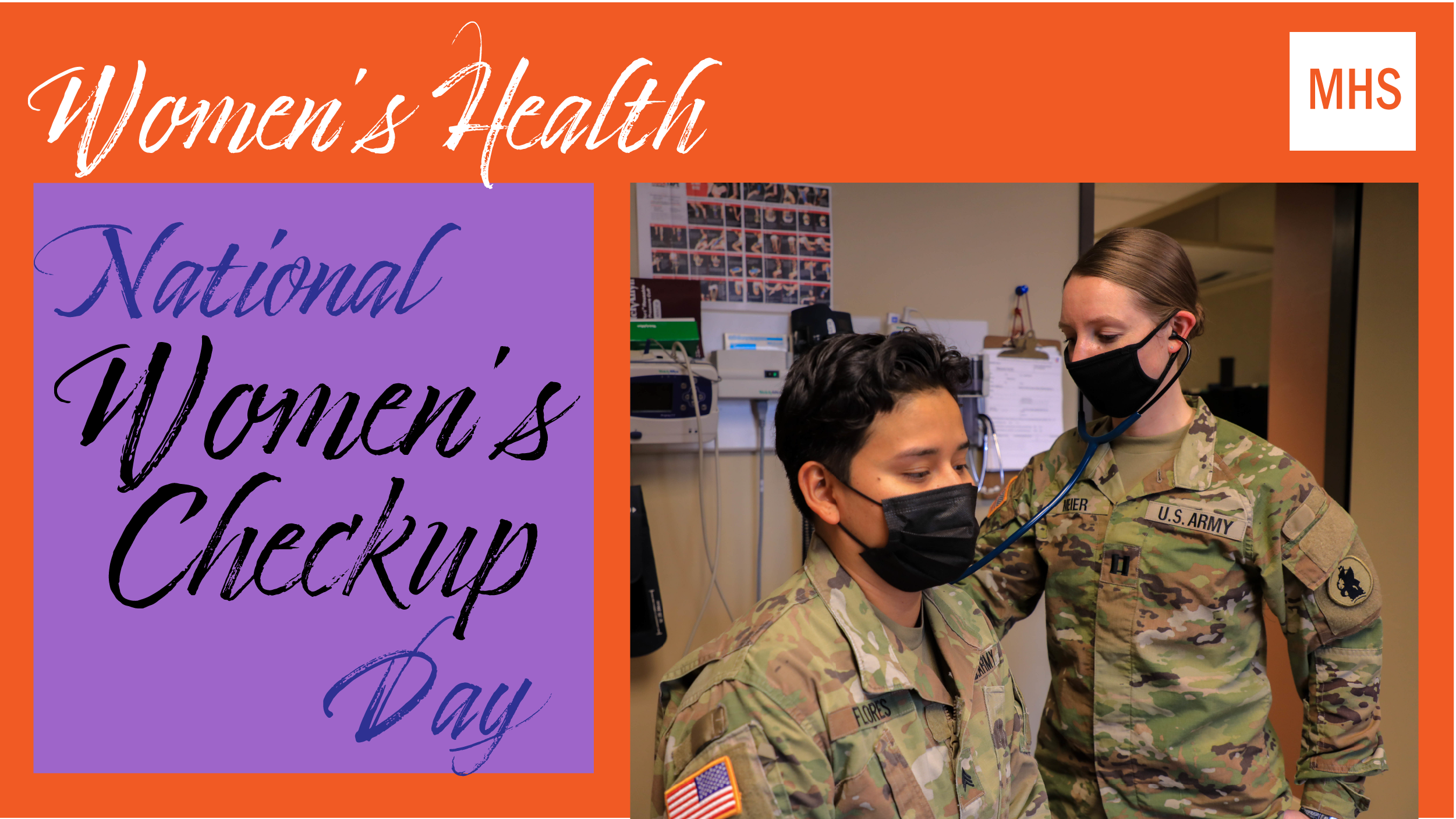 Social media graphic for Women’s Check Up Day showing a female service member getting a checkup.