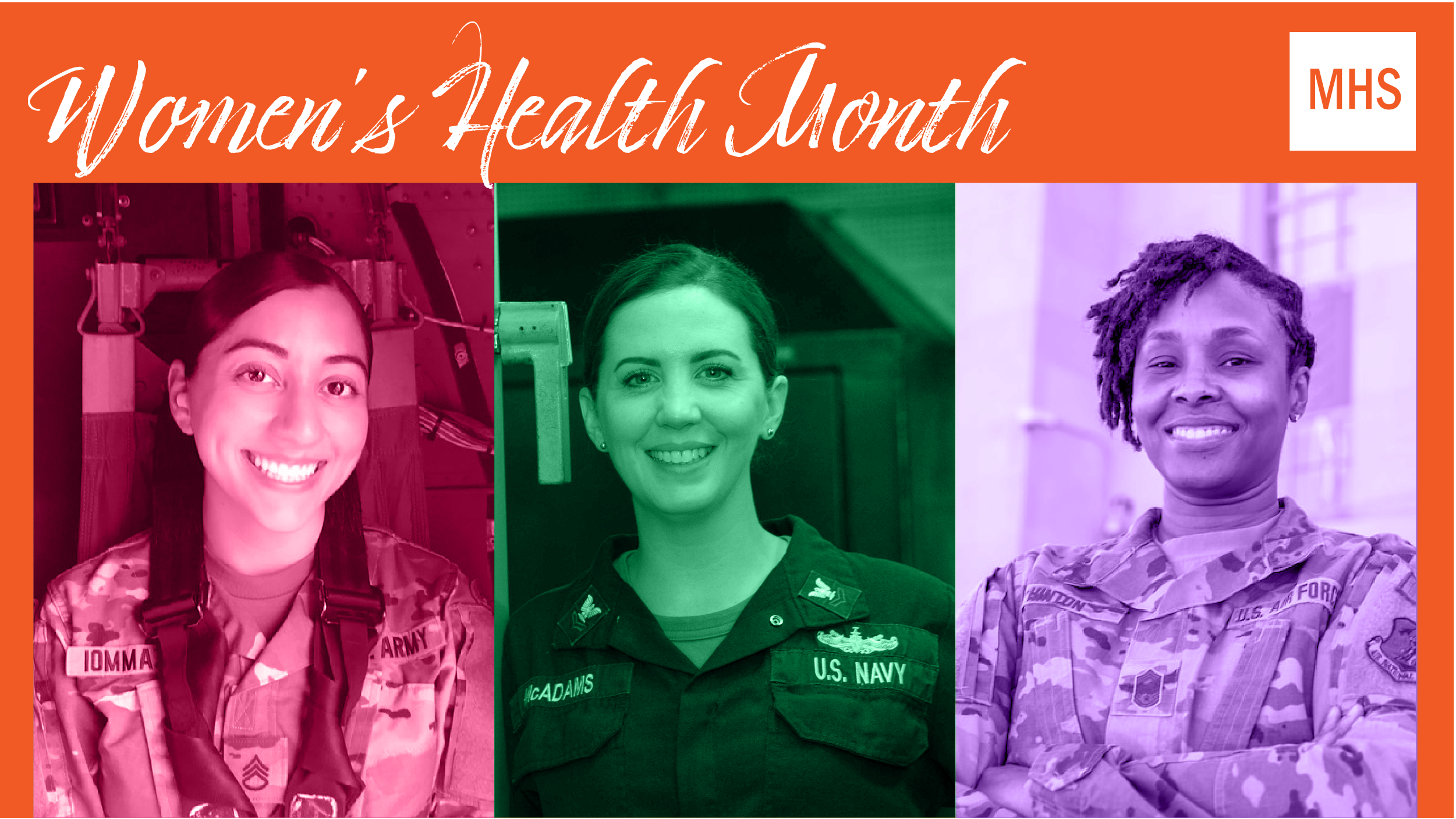 Social media graphic for Women’s Health Month showing three female service members looking at the camera with an orange background.
