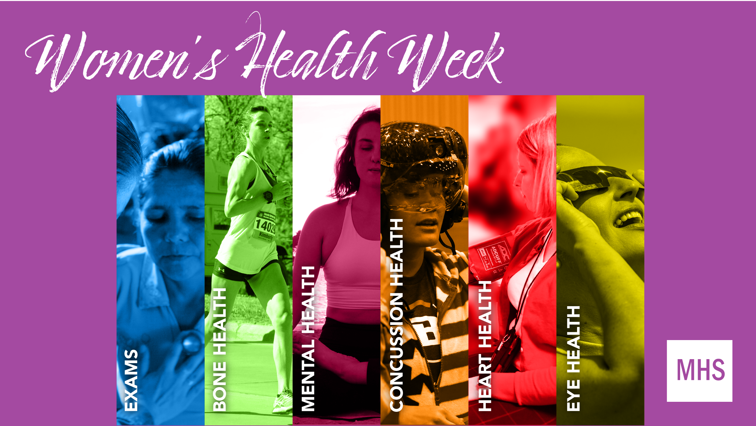 Social media graphic for Women’s Health Week showing multiple female service members on a purple background.