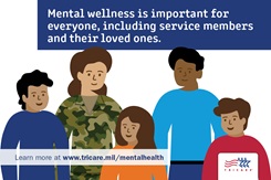 Graphic of a person speaking with a therapist, with a header stating: “Need someone to talk to about mental health?” Links to www.tricare.mil/mentalhealth. The TRICARE logo is on the bottom right. 