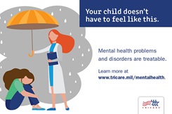 This graphic is an image of a female medical professional holding an umbrella over a female seated and hugging her knees. The umbrella is shielding both of them from the rain.