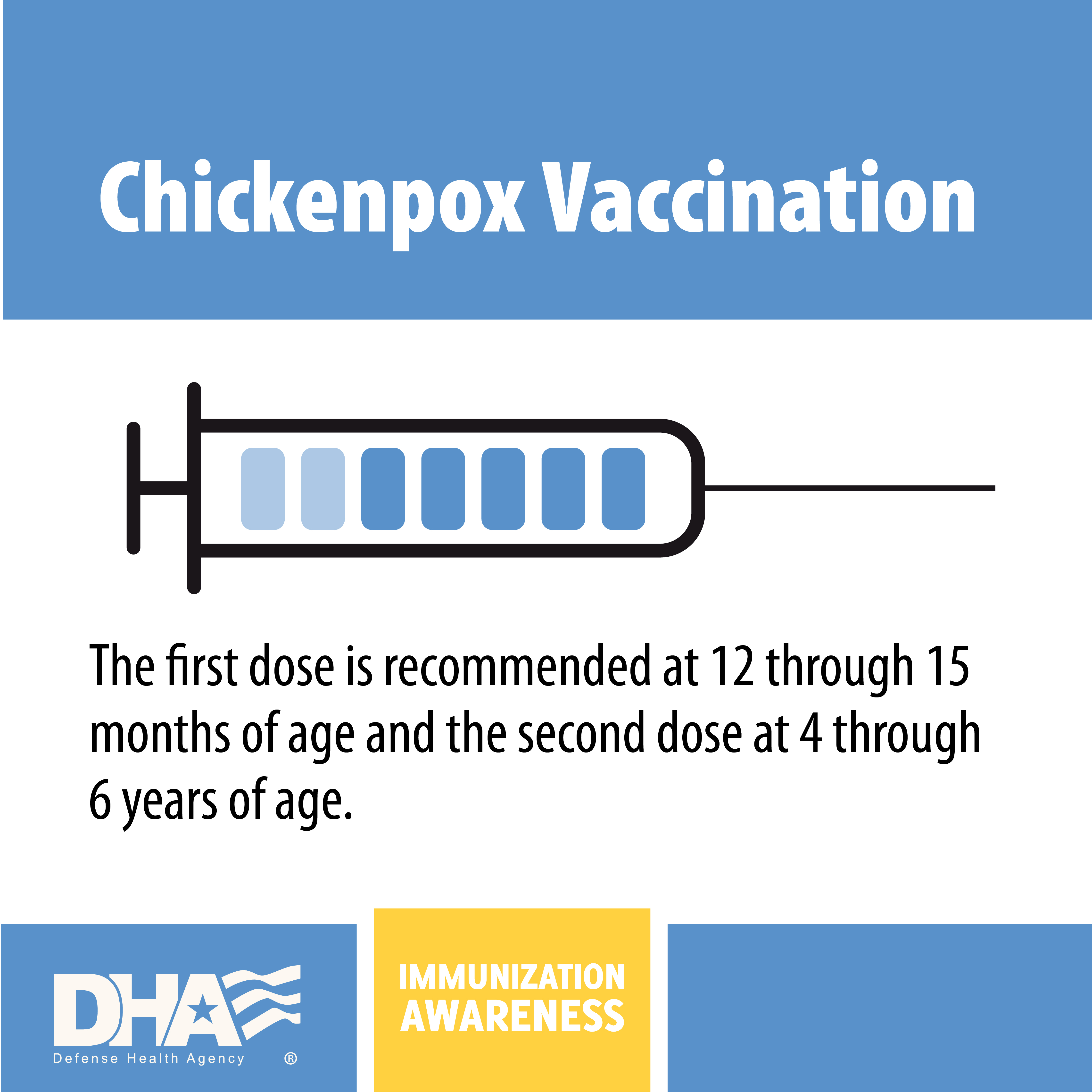 Link to Infographic: Chickenpox Vaccination - The first doe is recommended at 12 through 15 months of age and the second dose at 4 through 6 years of age.