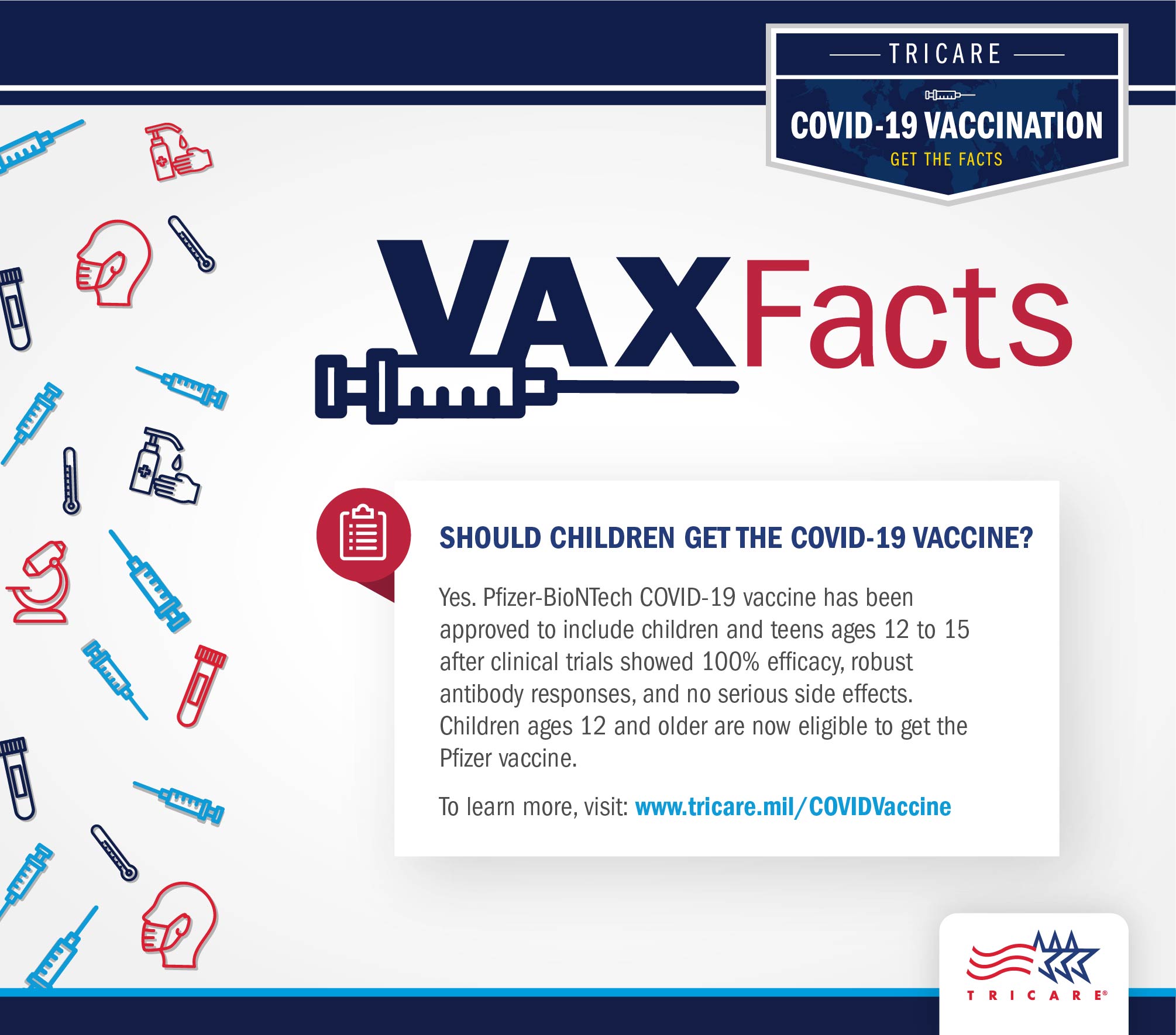 that the Pfizer vaccine is approved for children ages 12 to 15 and that children should be vaccinated. Graphic includes the TRICARE logo on the bottom right, and outlines of medical related items on the left of the page. Links include www.tricare.mil/COVIDVaccine