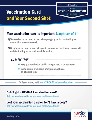 Graphic saying that keeping track of your vaccination card is important. Includes a helpful tips section, a link to www.tricare.mil/covidvaccine, and what to do when you didn’t get your vaccination card or don’t have a copy. The TRICARE logo is on the bottom right of the page.