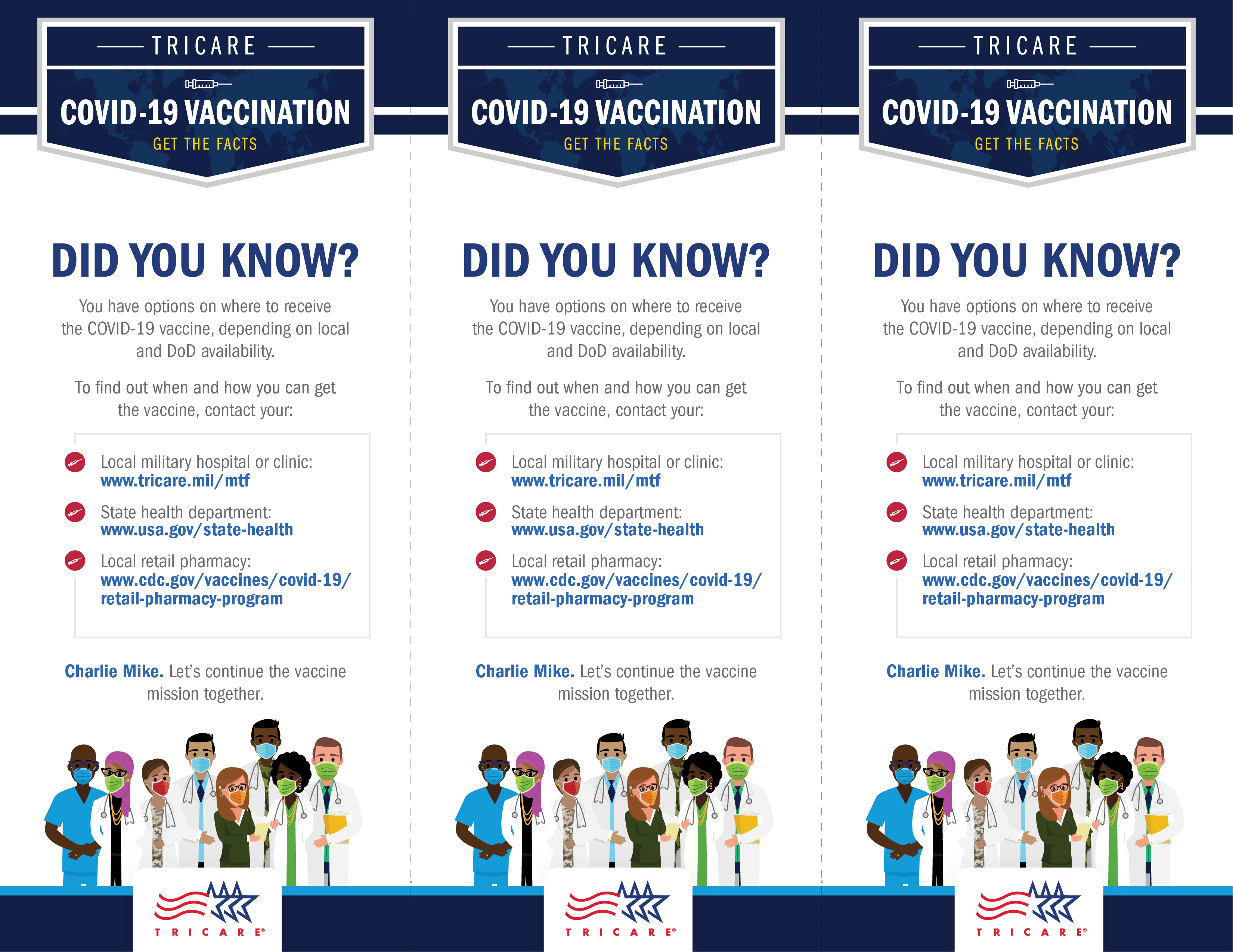An insert with links to learn more about vaccination options. Options include MTFs, state health departments, and local retail pharmacy. Graphics include medical personnel wearing masks on the bottom as well as the TRICARE logo.