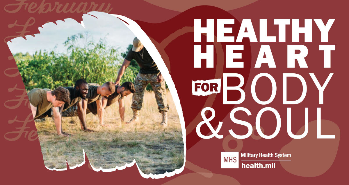 Social media graphic on healthy heart for body and soul with a service members doing push ups.
