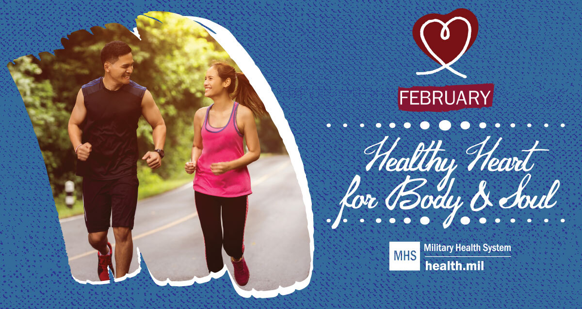 Social media graphic on healthy heart for body and soul with two people running and talking