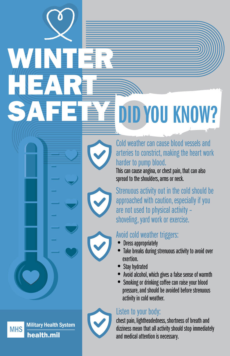 Social Media infographic on Winter Heart Safety with thermometer.  Winter Heart Safety: Did you know? Cold weather can cause blood vessels to constrict, making the heart work harder to pump. Strenuous activity out in the cold should be approached with caution, especially if you are not used to physical activity. Avoid cold weather triggers. Listen to your body