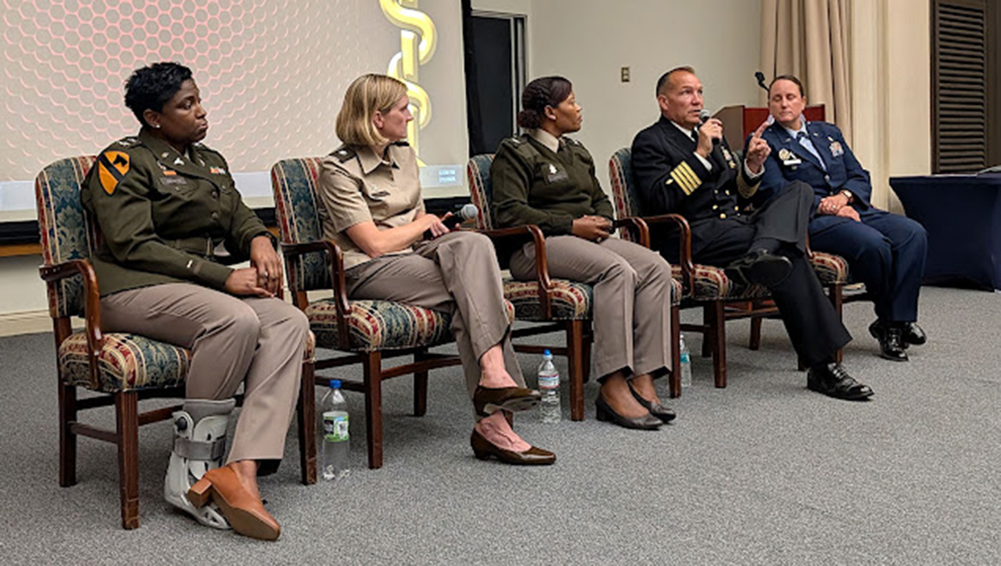 (Left to right) COL Janet Vaughn, LTC Connie Thomas, COL Marlene Arias-Reynoso, CAPT Robert Lippy, and COL Elisha Pippin take part in a leadership panel discussion