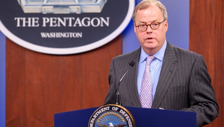 Image of Mr. McCaffery speaking at a podium at the Pentagon. Click to open a larger version of the image.