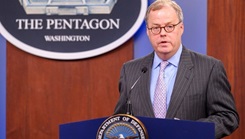 Image of Mr. McCaffery speaking at a podium at the Pentagon