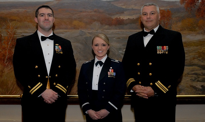 A highlight of the recent Federal Health 2015 conference in San Antonio was recognizing exemplary accomplishments by those military health care providers who serve with distinction within the Military Health System.  Receiving the 2015 Allied Health Leadership Award are (left to right): Junior Non-Provider  -Navy Lt. Jacob Norris, Naval Medical Research Center, Silver Spring, Md.; Junior Provider - Air Force Capt. Danielle Anderson, Travis Air Force Base, Calif.; and Senior Provider - Navy Lt. Cmdr. Eric Harmon, Camp Pendleton, Calif.  Not pictured: Senior Non-Provider - Navy Cmdr. Malaysia Gresham (Public Health Service), DHA Falls Church, Va. (Photo by MHS Communications Division)