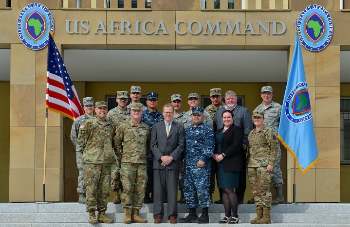 Acting Assistant Secretary of Defense for Health Affairs Tom McCaffery visits U.S. Africa Command's Command Surgeon and team to discuss the strategic context of global health in advancing shared security objectives with partner nations across the region.  The Department of Defense recognizes that Global Health Engagement activities play a key role to advance U.S. troop operational readiness, build interoperability, and enhance Security Cooperation. 