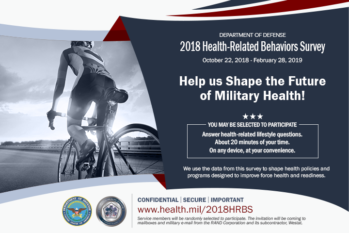 Individuals across both active duty and reserve components will be randomly selected to complete the 2018 Health-Related Behaviors Survey. Information and data from the results helps shape health policies and programs to improve force health and readiness. (MHS graphic)