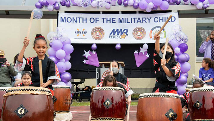 Shirley Lanham Elementary School students perform Taiko drumming during a Month of the Military Child celebration aboard the Naval Air Facility Atsugi, Japan, April 6, 2022. (Photo: Petty Officer 2nd Class Ange-Olivier Clement, Naval Air Facility Atsugi)