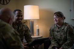 Tech. Sgt. Danielle Meadows (right), 8th Operational Medical Readiness Squadron Mental Health and Family Advocacy noncommissioned officer in charge conducts a practice counsel session on Kunsan Air Base, Republic of Korea, June 2, 2022. Mental health and building a resilient mental foundation is crucial to being an effective military member, ensuring service members are able to perform duties in the face of adversity. (U.S. Air Force photo by Senior Airman Shannon Braaten)