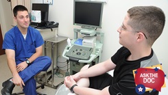 Lt. Cmdr. David Griffin, a urologist at Naval Hospital Pensacola, discusses a treatment plan with a patient in the Urology Clinic. Some of the common conditions seen at the clinic include male infertility, sexual health, kidney stones, urinary tract infections, urologic cancers, blood in the urine, urinary problems, vasectomies and more.