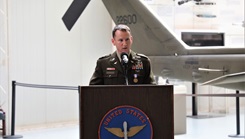 U.S. Army Chief Warrant Officer 5 Nigel P. Huebscher, command chief warrant officer for the 1st Aviation Brigade, speaks after receiving the Soldier's Medal for risking his life to save others during a ceremony at Fort Novosel, Alabama, on Aug. 7, 2023. (U.S. Army photo by Kelly Morris)