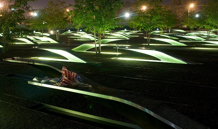 Image of Photo of the National 9/11 Pentagon Memorial. The Pentagon Memorial was created to remember and honor those family members and friends who are no longer with us because of the events of September 11, 2001 at the Pentagon. Click to open a larger version of the image.