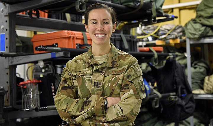Air Force Capt. Asha Wyatt, 455th Expeditionary Aeromedical Evacuation Squadron aeromedical evacuation operations officer and flight nurse, poses for a photo at Bagram Airfield, Afghanistan, Dec. 28, 2017. Wyatt is deployed from Pope Army Airfield, N.C., and has been in the Air Force for six years. Air Force photo by Staff Sgt. Divine Cox