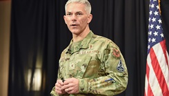 U.S. Air Force Brig. Gen. Jason J. Lennen, director of policy and resources at the Office of the Surgeon General, sets the scene for accelerating change regarding the Air Force Medical Command transition during the Air Force Medical Service’s annual Senior Leadership Workshop held at the National Conference Center, Leesburg, Virginia, Dec. 4, 2024. (Photo by Megan Hearst/U.S. Air Force)