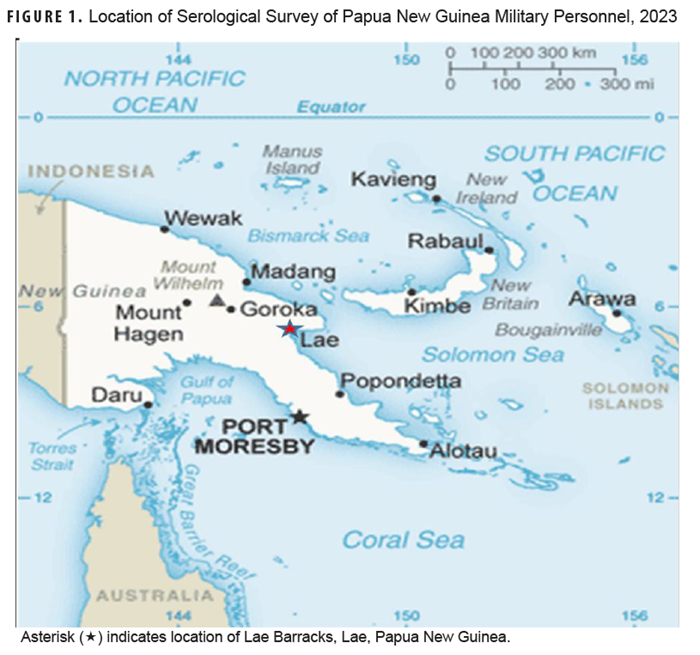 FIGURE 1. Location of Serological Survey of Papua New Guinea Military Personnel, 2023. This figure presents a map of Papua New Guinea with the location of Lae Barracks marked.