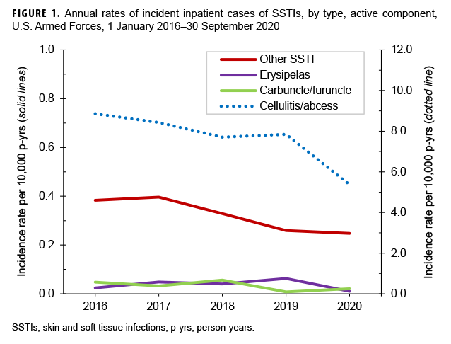 FIGURE 1. Annual rates of incident inpatient cases of SSTIs, by type, active component, U.S. Armed Forces, 1 January 2016–30 September 2020