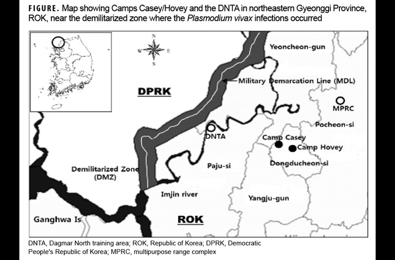 Map showing Camps Casey/Hovey and the DNTA in northeastern Gyeonggi Province, ROK, near the demilitarized zone where the Plasmodium vivax infections occurred