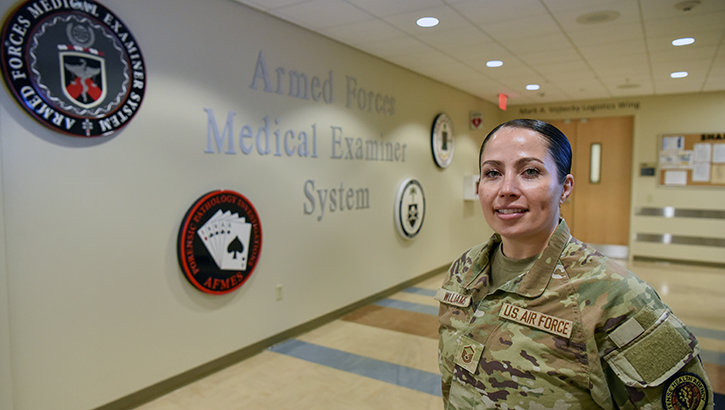 U.S. Air Force Master Sgt. Alyssa Williams, senior enlisted leader, poses for a photo at the Armed Forces Medical Examiner System, Dover Air Force Base, in Dover, Delaware, on Aug. 26, 2024. 