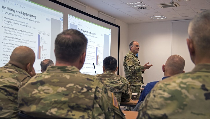 Air Force Maj. Gen. Lee E. Payne. DHA assistant director for combat support, talks to attendees of the 2019 U.S. Africa Command Command Surgeon Synchronization Conference May 28, 2019 in Stuttgart, Germany. Payne discussed upcoming changes to the military health system and what that means for patients and providers. (U.S. Navy photo by Mass Communication Specialist 1st Class Christopher Hurd/Released)