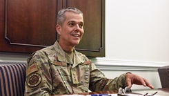 U.S. Air Force Lt. Gen. John J. DeGoes speaks during an interview at the Pentagon to share his vision for implementing Air Force Medical Service strategic imperatives as the 25th U.S. Air Force and Space Force surgeon general, Sept. 5, 2024. (Photo by Megan Hearst/U.S. Air Force)