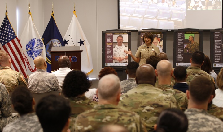 Navy Vice Adm. Raquel Bono, director, Defense Health Agency, talked about leadership during the Army Medical Command’s Leadership Lecture Series on May 24, 2016, at the Defense Health Headquarters in Falls Church, Virginia.