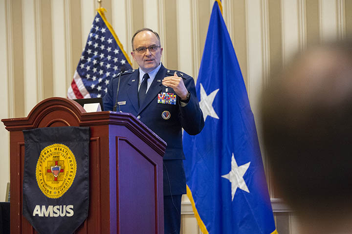Air Force Maj. Gen. Lee Payne discusses MHS GENESIS at the 2018 AMSUS annual meeting. (Photo by MHS Communications)