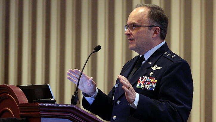 Air Force Maj. Gen. (Dr.) Lee Payne director for Combat Support at the Defense Health Agency, discusses the transformative effects of MHS GENESIS, the Department of Defense’s new electronic health record, during the 2019 Society of Federal Health Professionals’ annual meeting in National Harbor, Maryland. Payne explained that the new electronic health record will ensure high quality care for patients while protecting the safety and security of patient information. MHS GENESIS will deploy in phases to all DoD military treatment facilities by 2023. (DHA Photo)