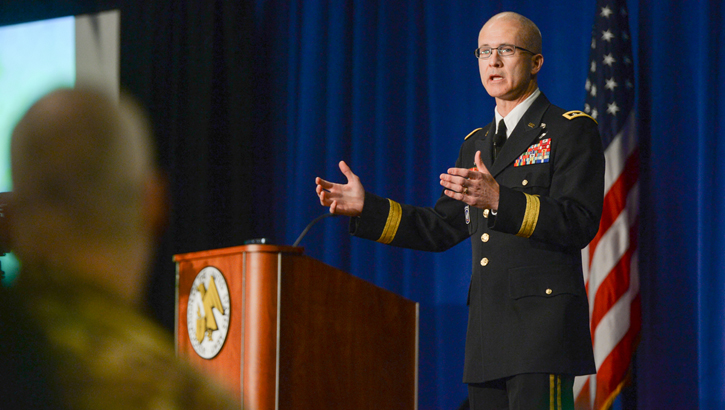 U.S. Army Lt. Gen. Ronald Place, DHA Director, discusses upcoming Military Health System changes designed to improve the readiness of combat forces during a seminar held at the Association of the United States Army 2019 Annual Meeting and Exposition in Washington, D.C.  Lt. Gen. Place explained how DHA is standardizing systems to improve healthcare across the enterprise.  (DHA Photo by Hannah Wagner)