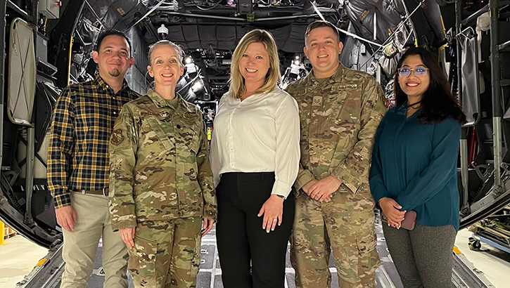 From left: Aeromedical and Operational Clinical Psychology, or AOCP, branch members Dr. Ivan Colin-Rivera, Lt. Col. Kristen Galloway, Dr. Rachael Martinez, Tech. Sgt. Christopher Thompson and Somtirtha Bag at a team event in the U.S. Air Force School of Aerospace Medicine, at High Bay at Wright-Patterson Air Force Base, Ohio.  (Photo by Jeremy Ward, U.S. Air Force)