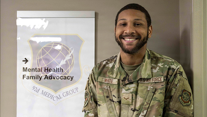  U.S. Air Force Airman 1st Class Kevin White, 92nd Medical Group mental health technician, poses for a photo