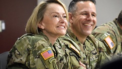 U.S. Army Surgeon General Lt. Gen. Mary K. Izaguirre and U.S. Army Medical Logistics Command Commander Col. Marc R. Welde smiling together