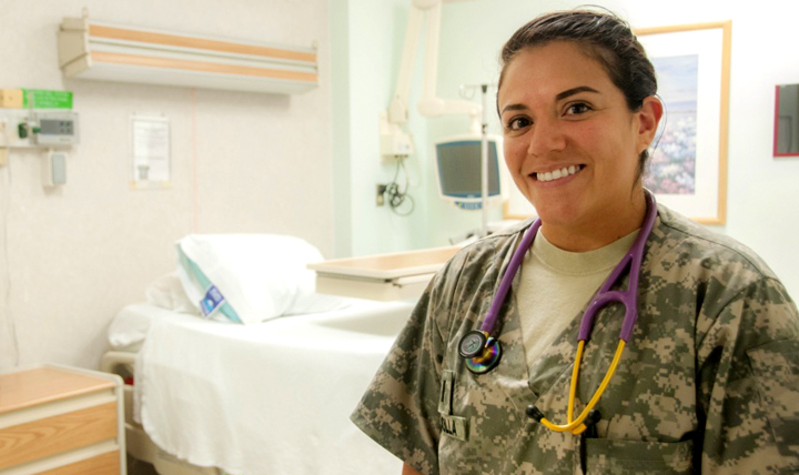 First Lt. Lizamara Bedolla, staff nurse, Surgical Ward, William Beaumont Army Medical Center, stands in one of her unit’s inpatient rooms. Bedolla, a native of Houston, was born in war-torn Nicaragua before migrating to the United States and fulfilling her dream of becoming an Army Nurse. (Army photo by Marcy Sanchez)