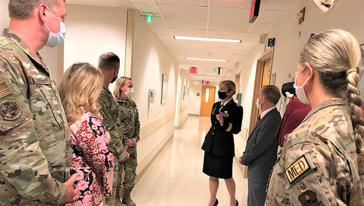 Image of Army Brig. Gen. Katherine Simonson, Defense Health Agency Deputy Assistant Director of the Research and Engineering Directorate, and Dr. Barclay Butler, Assistant Director for Management, DHA, talks with Army Lt. Col. Samantha Rodgers, Ophthalmology chief (left), during a tour and designation ceremony April 19 at the Ocular Trauma Center – San Antonio Region, Brooke Army Medical Center, Fort Sam Houston, Texas. The designation ceremony marked the launch of DHA’s first Ocular Trauma Center, comprised of personnel from Brooke Army Medical Center and the 59th Medical Group. (Photo: Larine H. Barr, DOD) .