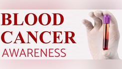 Graphic of a hand holding a vile of blood saying "blood cancer awareness"