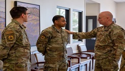 U.S. Air Force Brig. Gen. Thomas Harrell, the new Defense Health Network Central director, San Antonio Market director, 59th Medical Wing commander, and Air Force Medical Agency Alpha lead, meets with members of the 59th MDW during commander immersions at Joint Base San Antonio-Randolph, Sept. 12, 2023.  As network director, Harrell oversees the military’s largest medical network with 39 hospitals and clinics to include the military’s premier readiness, education, and training platforms. (U.S. Air Force photo by Staff Sgt. Kelsey Martinez)