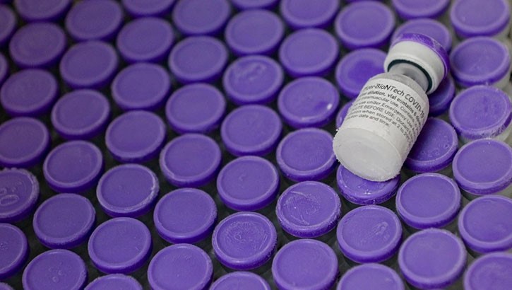 Image of Containers of the Pfizer COVID-19 vaccine. Each vial contains six doses for vaccination against the COVID-19 virus. Click to open a larger version of the image.