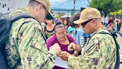 During Continuing Promise 2025, Hospital Corpsman 3rd Class Dennis Begley and Hospital Corpsman 3rd Class Thai Nguyen, assigned to the Mercy-Class hospital ship USNS Comfort (T-AH 20) from a medical site in Manata, Ecuador, July 6, 2025. The patient required a CT exam from the hospital ship’s radiology department.