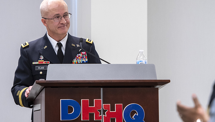 U.S. Army Lt. Gen. (Dr.) Ronald Place gives his final remarks and farewell to the Defense Health Agency