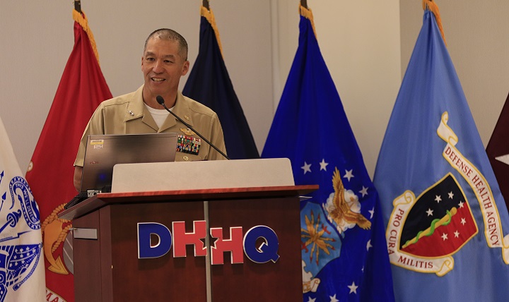 Navy Rear Adm. Colin Chinn, director of the Research, Development and Acquisition Directorate for the Defense Health Agency, spoke at the opening of the 2016 Defense Centers of Excellence for Psychological Health and Traumatic Brain Injury (TBI) Summit Sept. 13, 2016. 